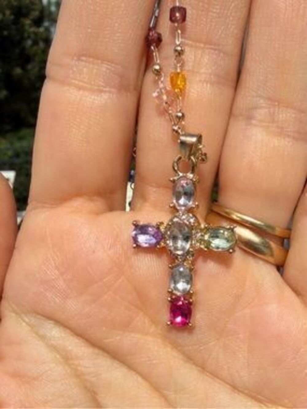 Gold Cross Pendant Necklace with Multicolor Gemstones